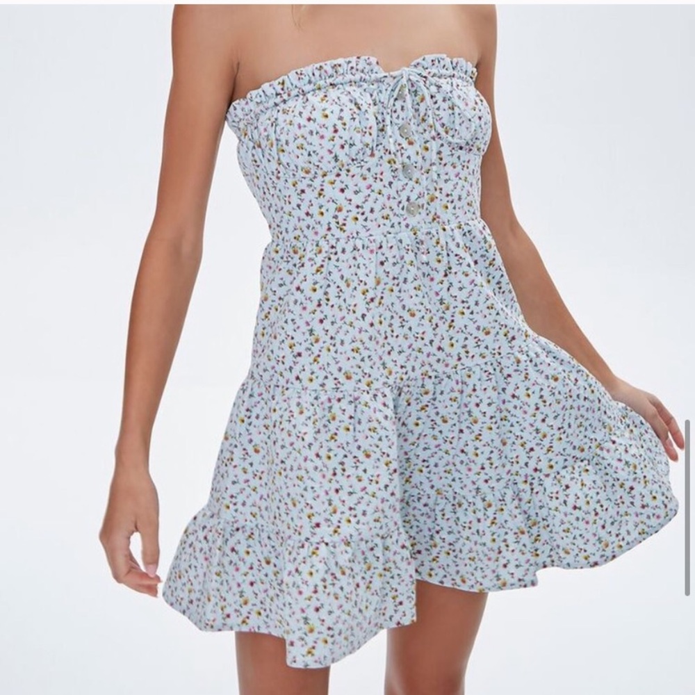 Blue strapless floral dress